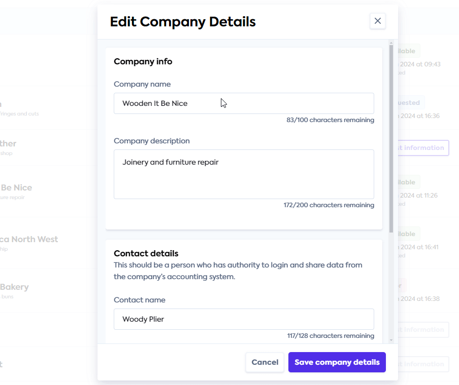 An image of the Relationship Portal interface with the Edit Company Details window open