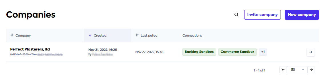 Example created company is visible in the companies list with its connections to sandbox